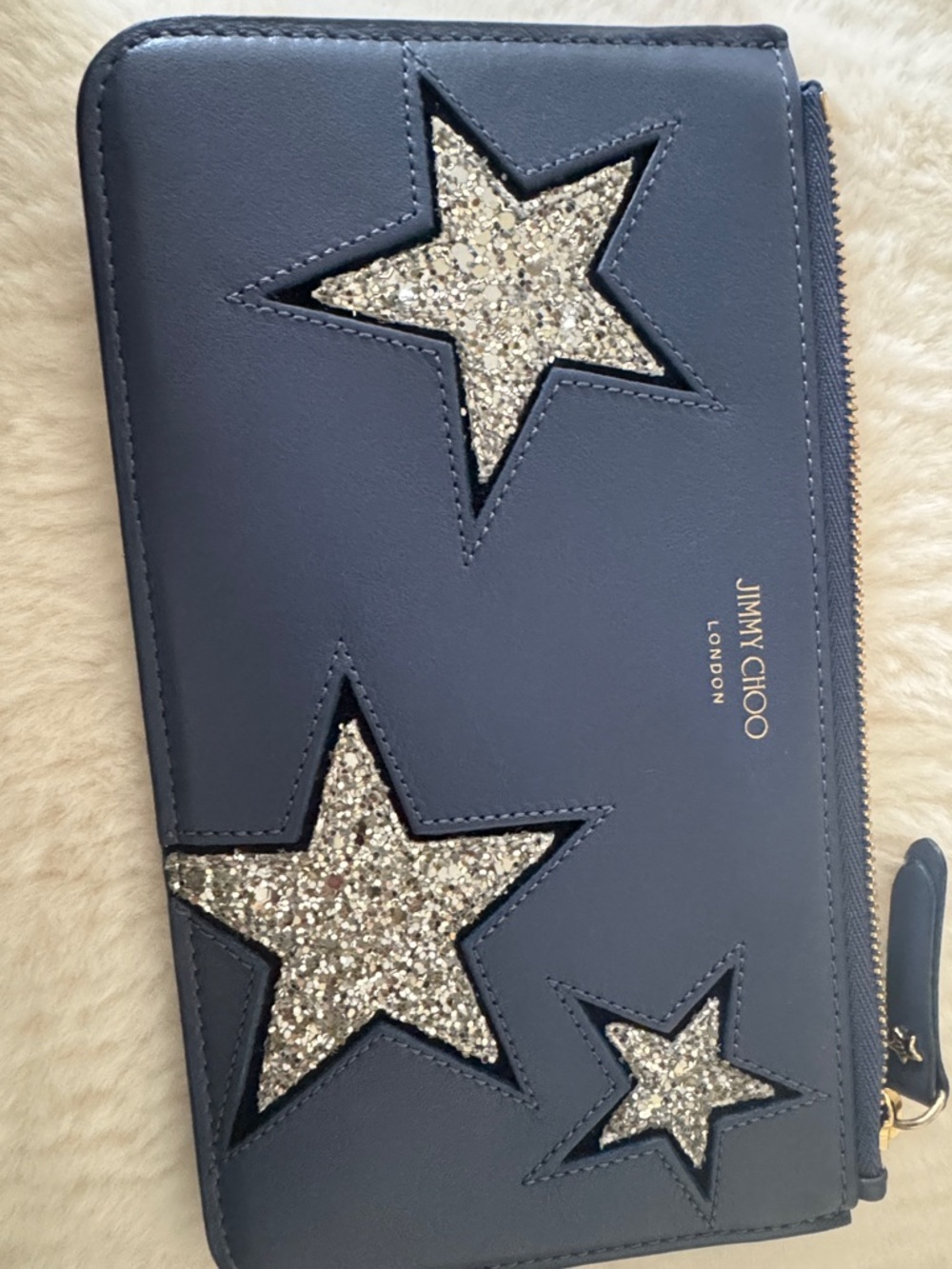 Jimmy Choo Navy Leather Zip-Around Wallet with Silver Glitter Stars